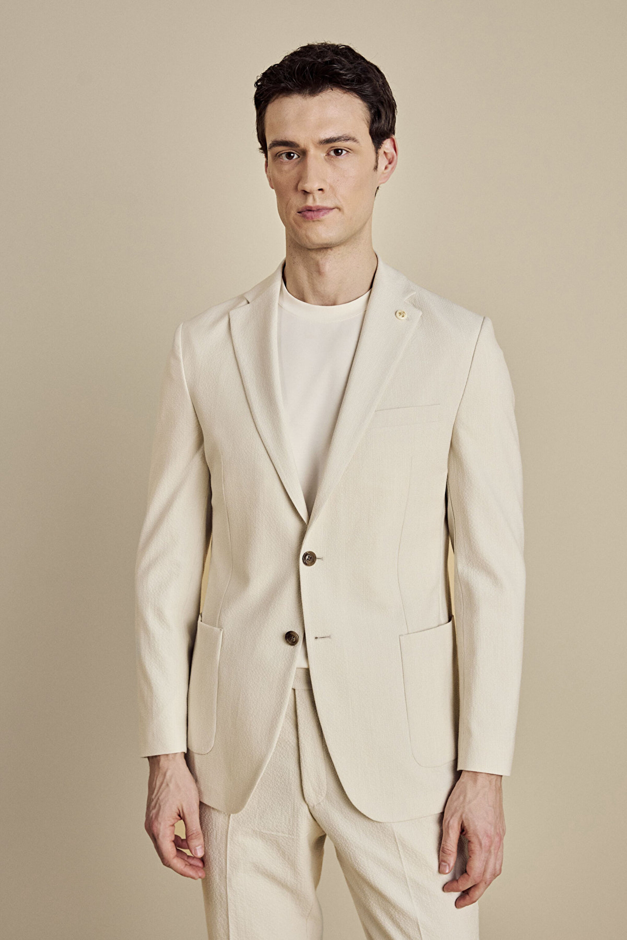 Mono Yaka Torba Cep Slim Fit Çizgili Gofre Ceket - Bej (görsel 3)