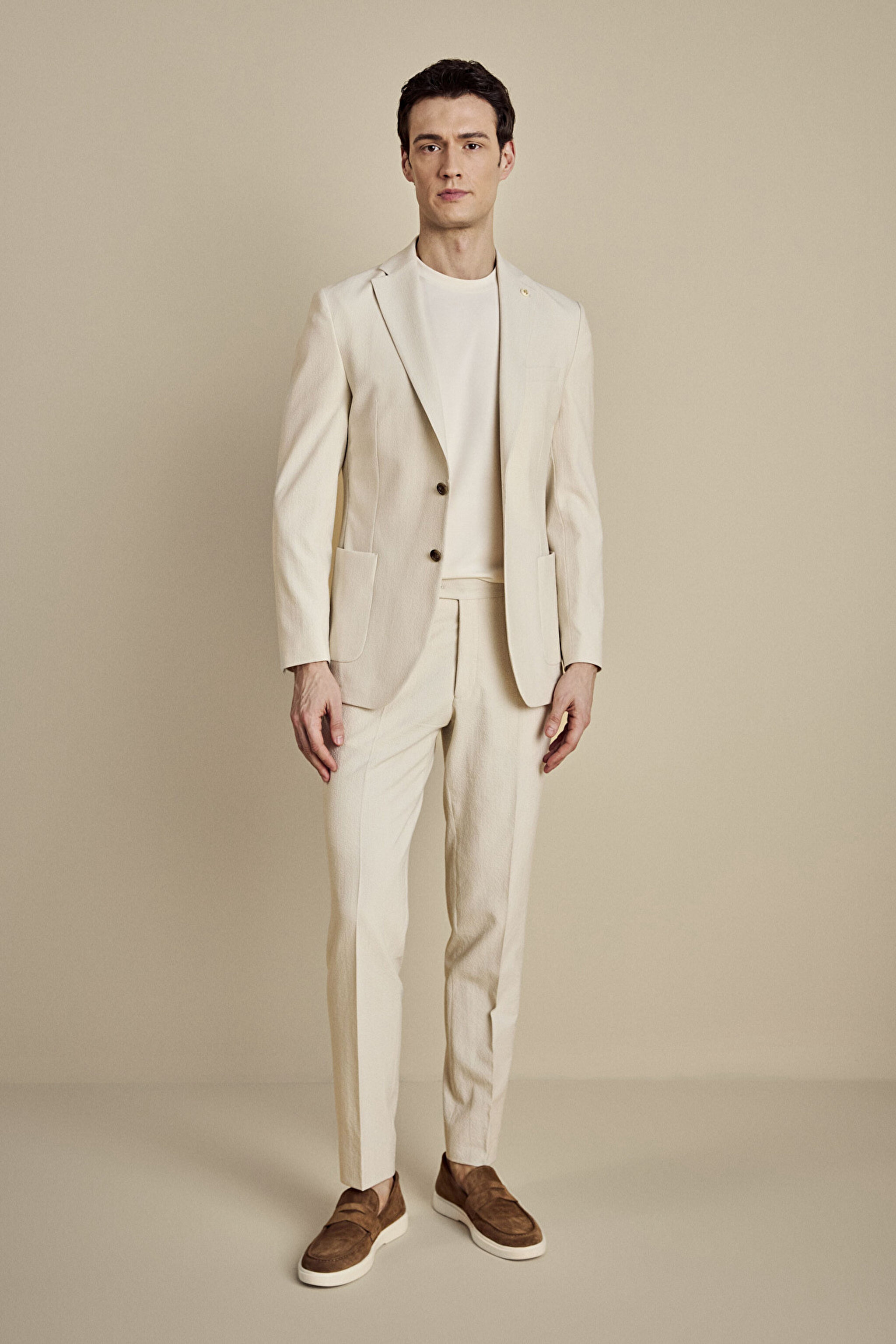 Mono Yaka Torba Cep Slim Fit Çizgili Gofre Ceket - Bej (görsel 4)