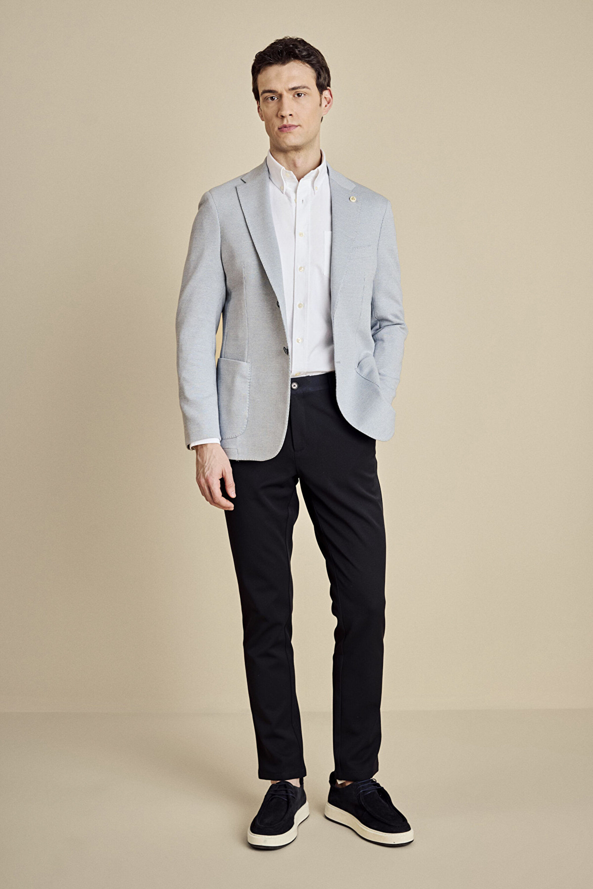Pamuk Karışımlı Mono Yaka Torba Cep Regular Fit Çizgili Örme Ceket - Mavi (görsel 4)