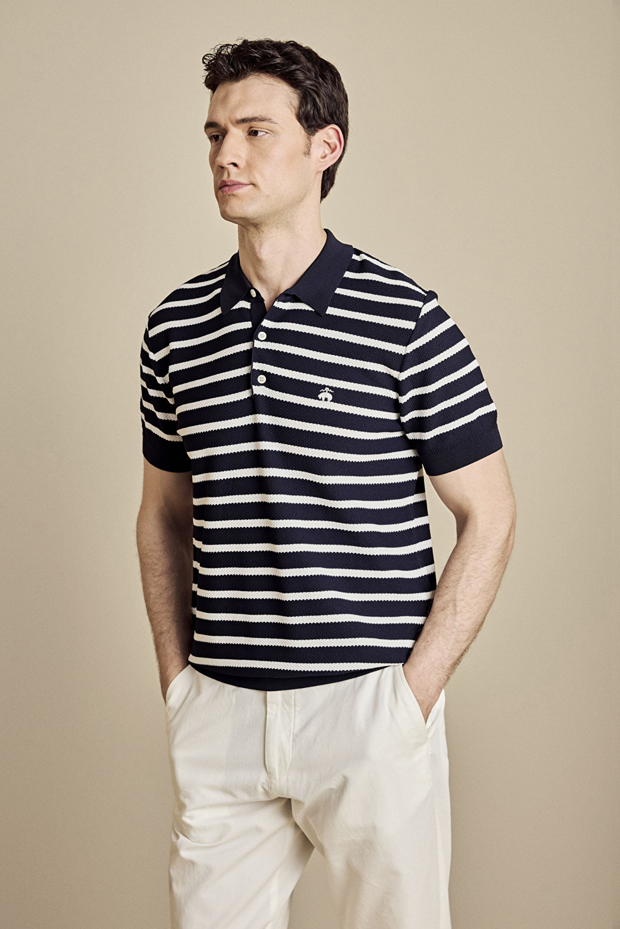 Polo Yaka Petek Örgü Çizgili  Rayon Kazak - Lacivert-Kırık Beyaz