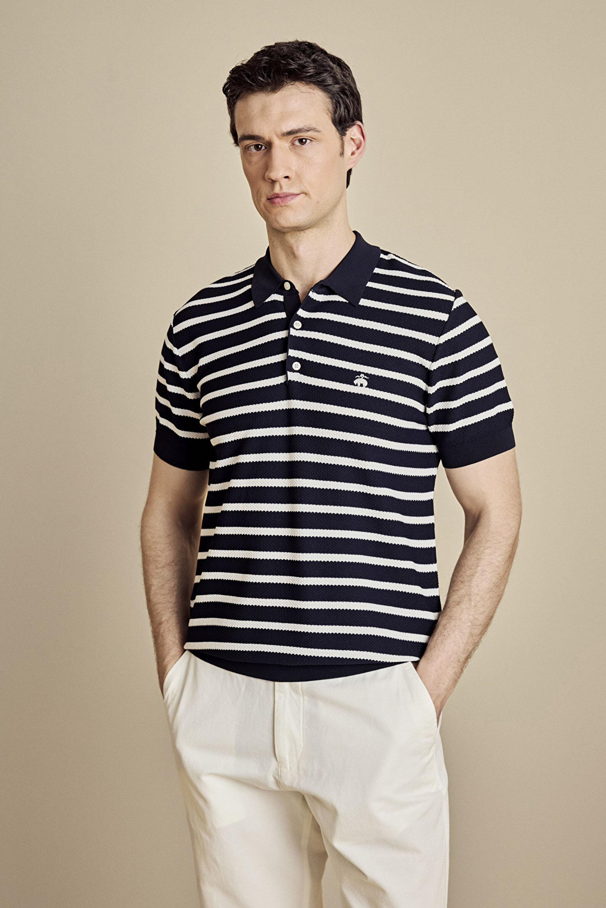 Polo Yaka Petek Örgü Çizgili  Rayon Kazak - Lacivert-Kırık Beyaz (görsel 2)