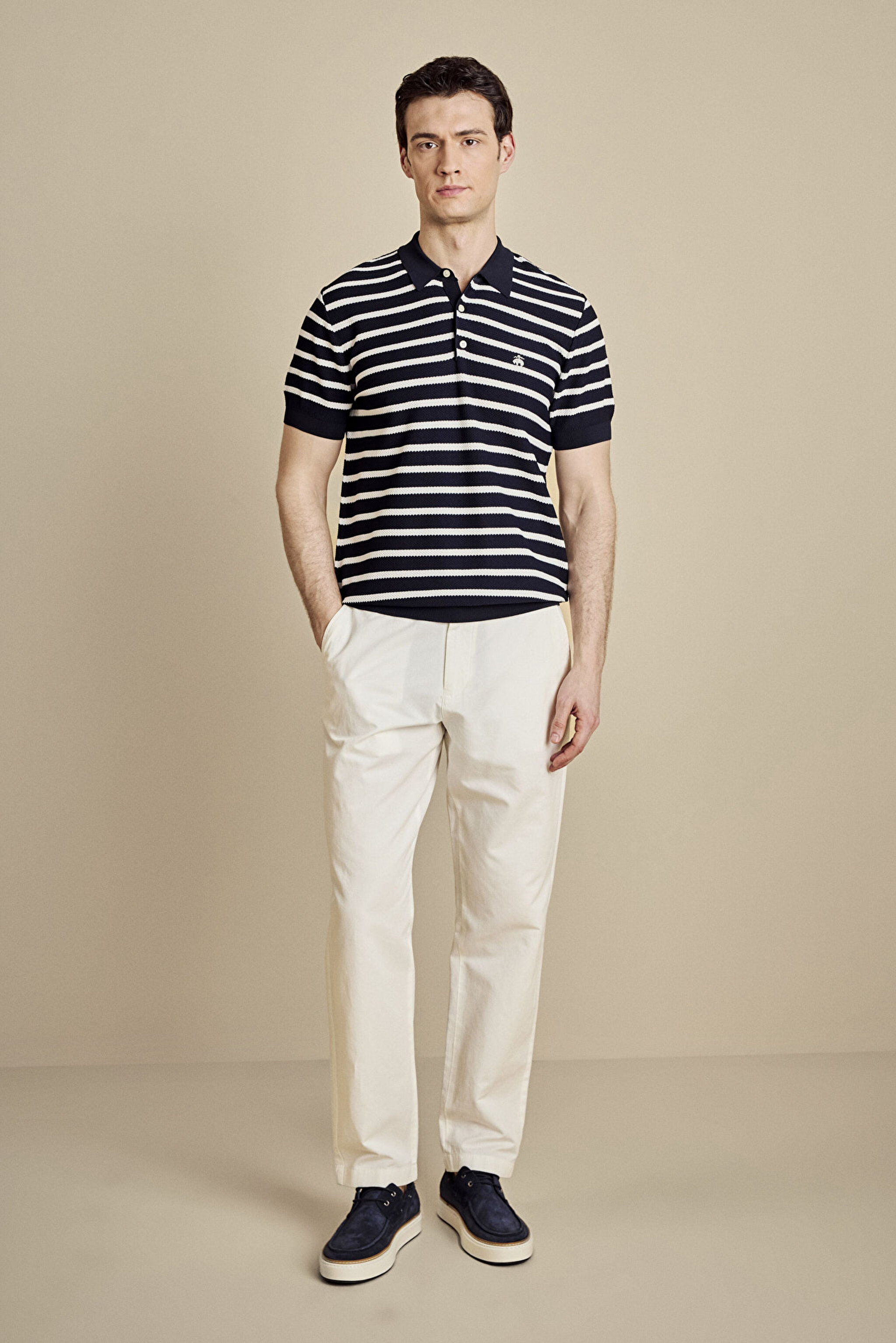 Polo Yaka Petek Örgü Çizgili  Rayon Kazak - Lacivert-Kırık Beyaz (görsel 3)