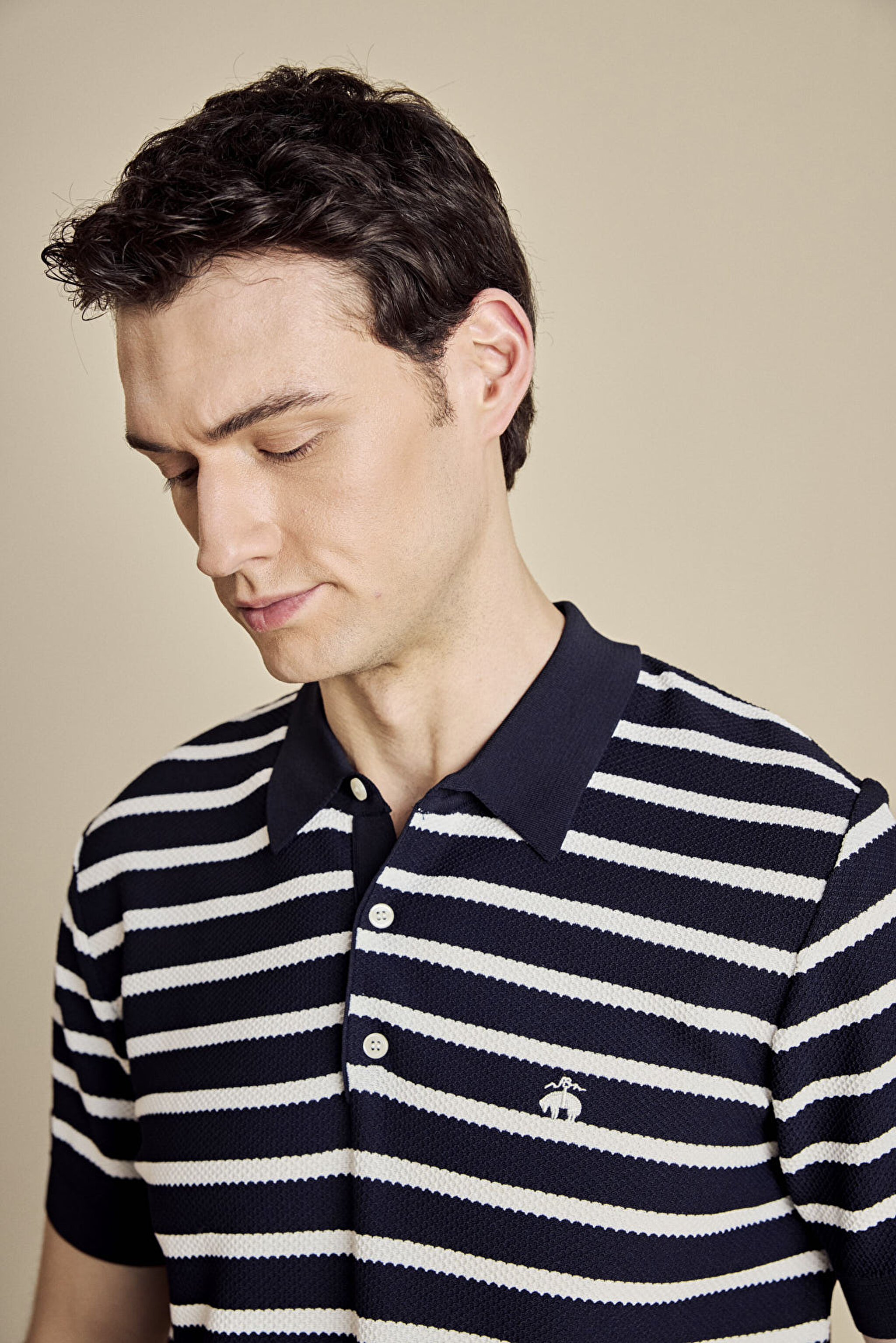 Polo Yaka Petek Örgü Çizgili  Rayon Kazak - Lacivert-Kırık Beyaz (görsel 4)