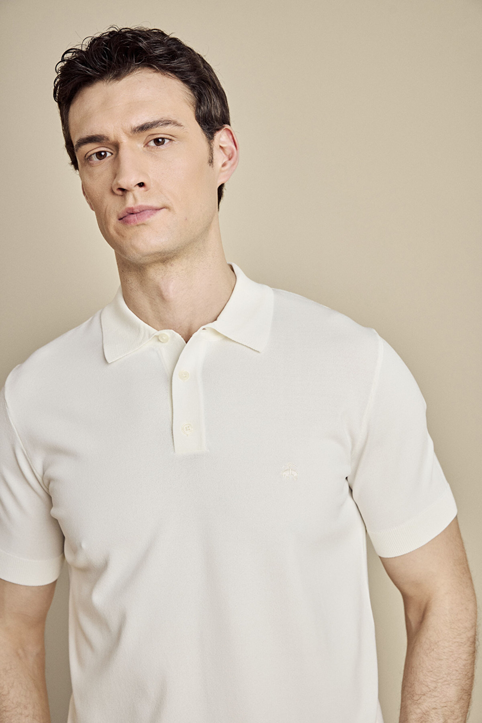 Polo Yaka Düğmeli Rayon Kısa Kol Kazak - Kırık Beyaz (görsel 4)