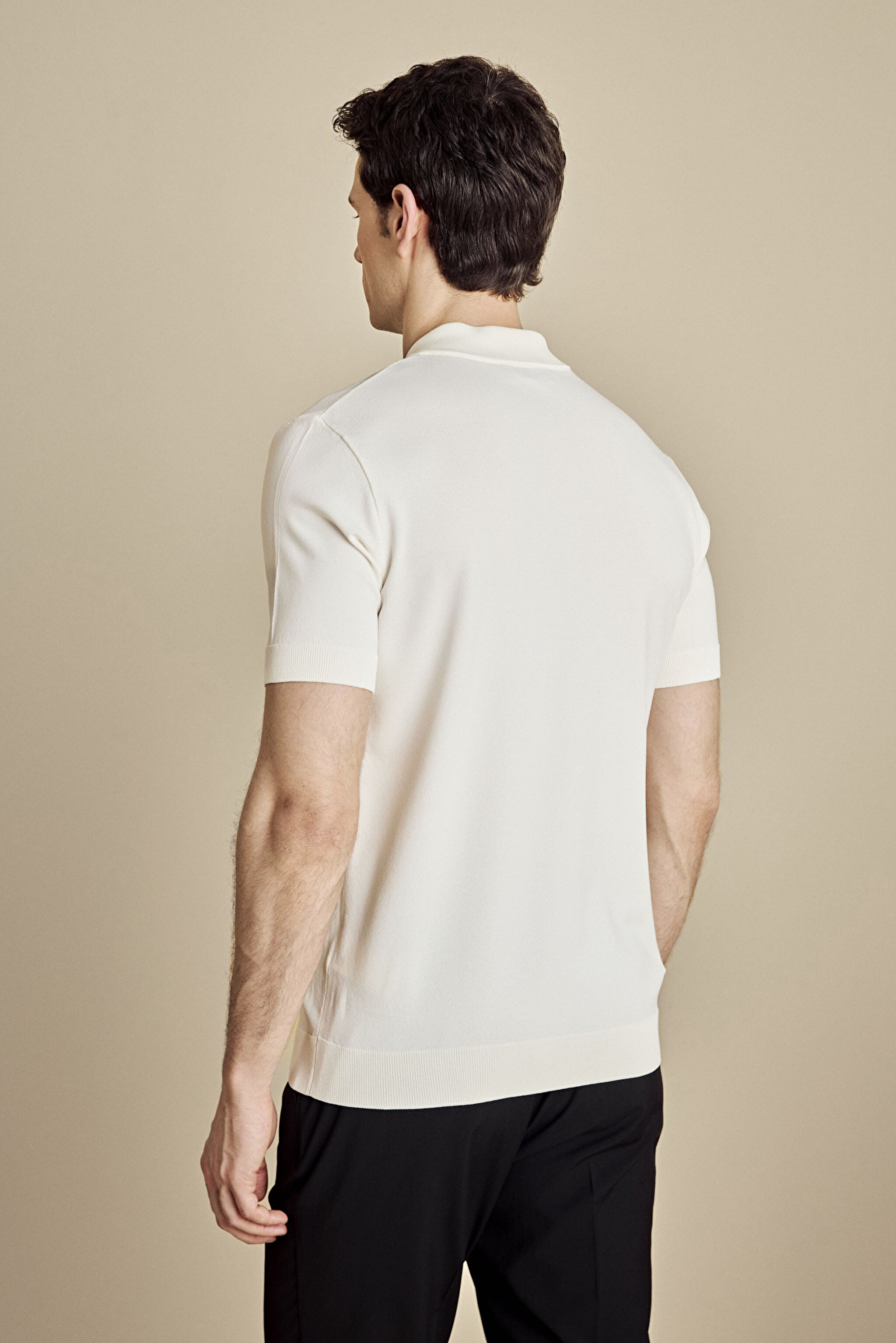 Polo Yaka Düğmeli Rayon Kısa Kol Kazak - Kırık Beyaz (görsel 5)