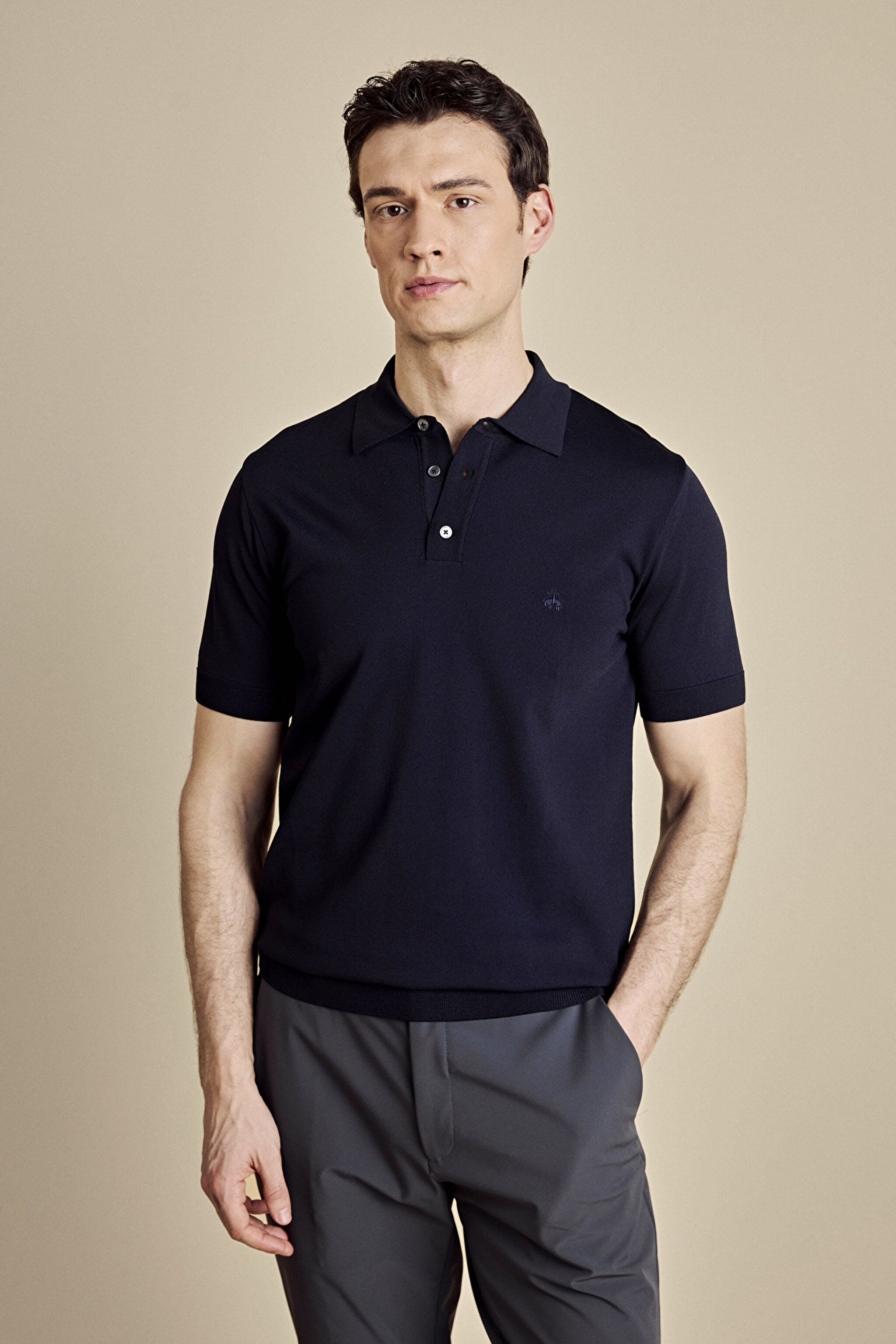 Polo Yaka Düğmeli Rayon Kısa Kol Kazak - Lacivert (görsel 2)