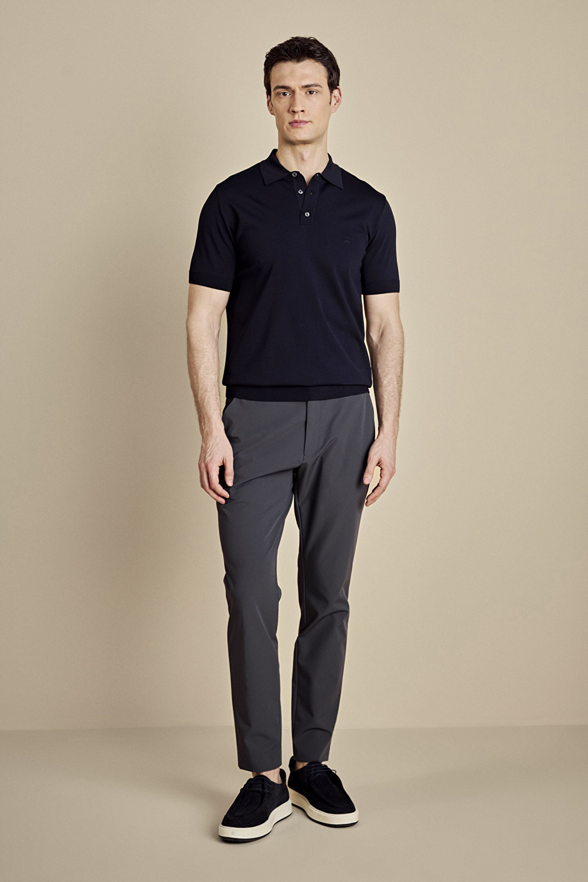 Polo Yaka Düğmeli Rayon Kısa Kol Kazak - Lacivert (görsel 3)