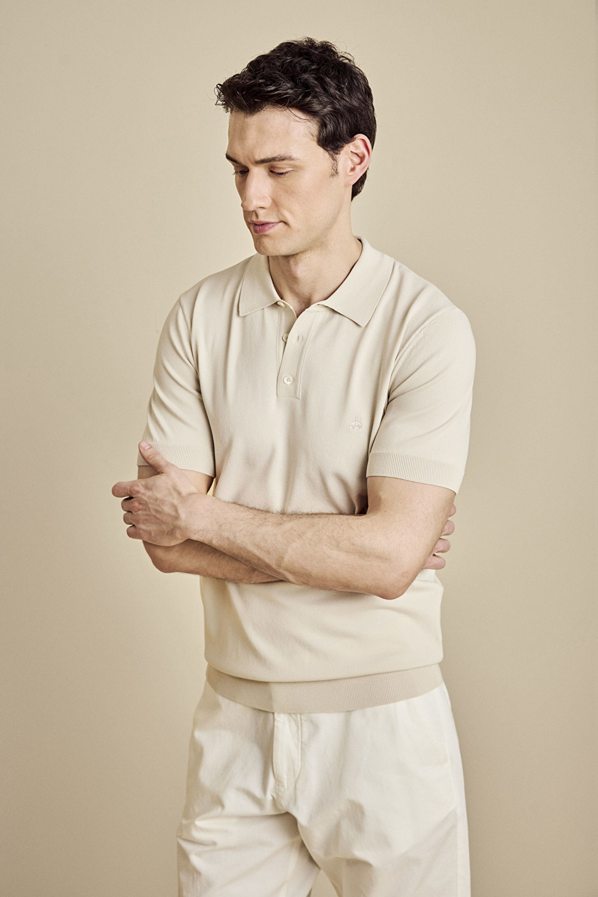 Polo Yaka Düğmeli Rayon Kısa Kol Kazak - Bej (görsel 2)