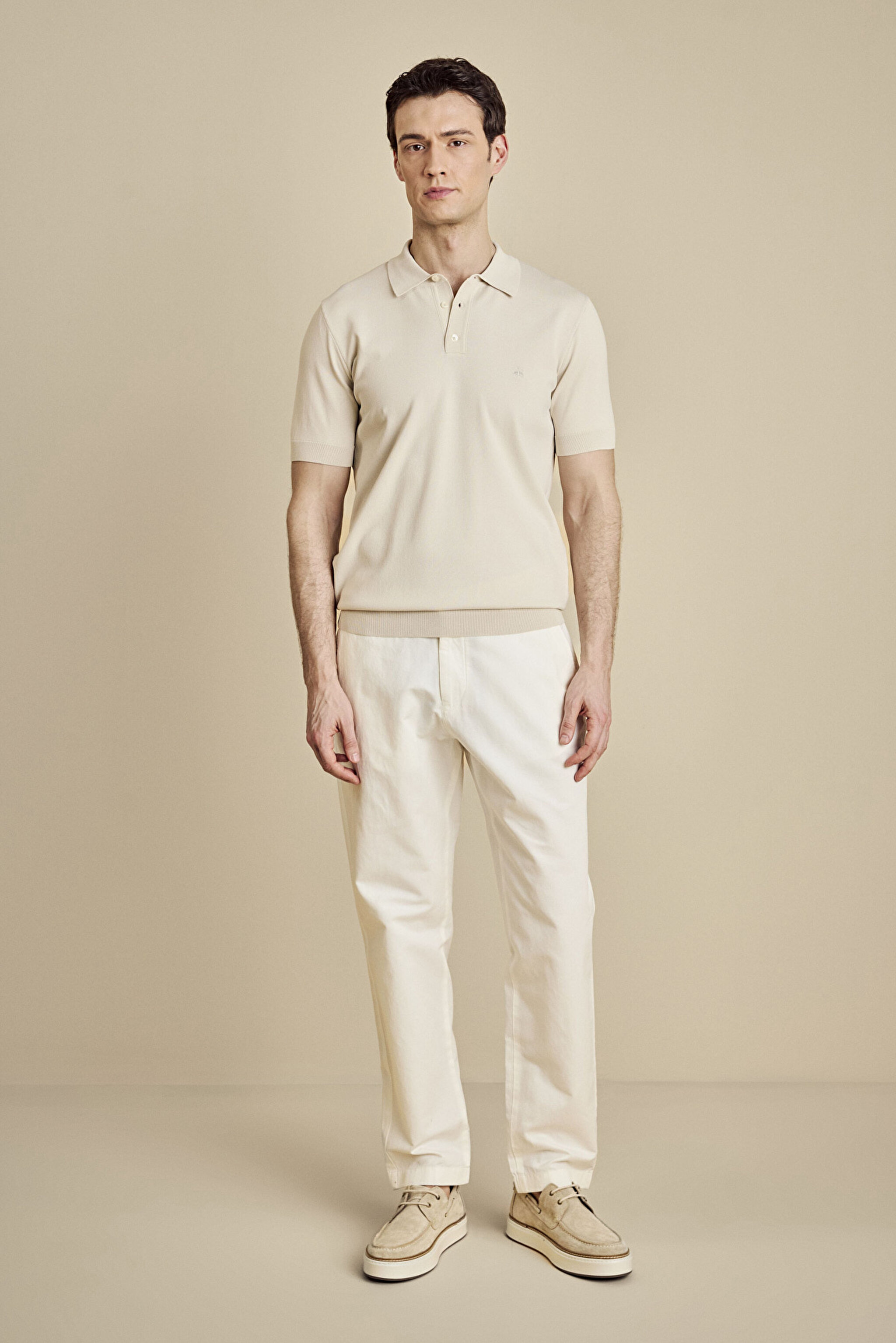 Polo Yaka Düğmeli Rayon Kısa Kol Kazak - Bej (görsel 3)