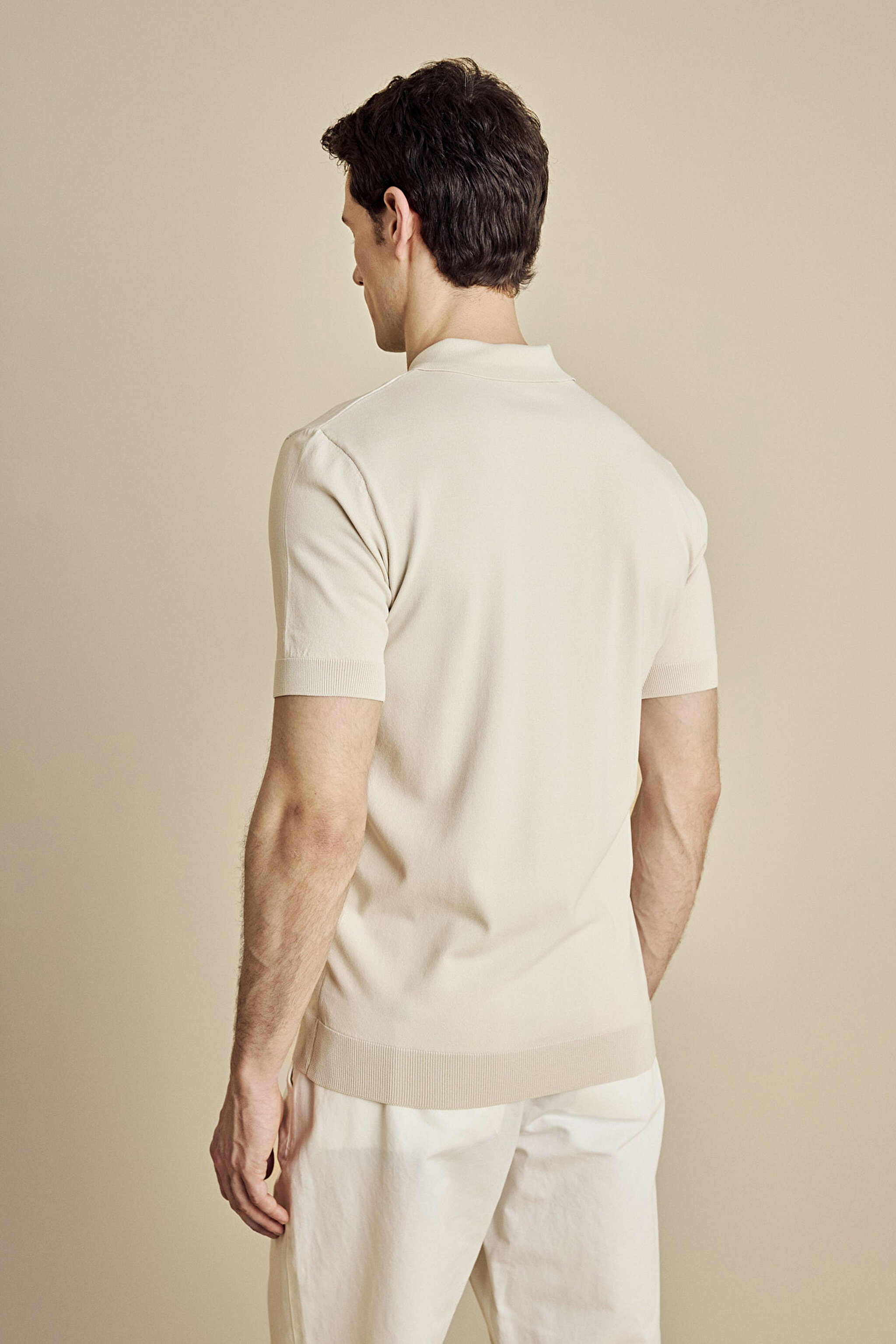 Polo Yaka Düğmeli Rayon Kısa Kol Kazak - Bej (görsel 5)