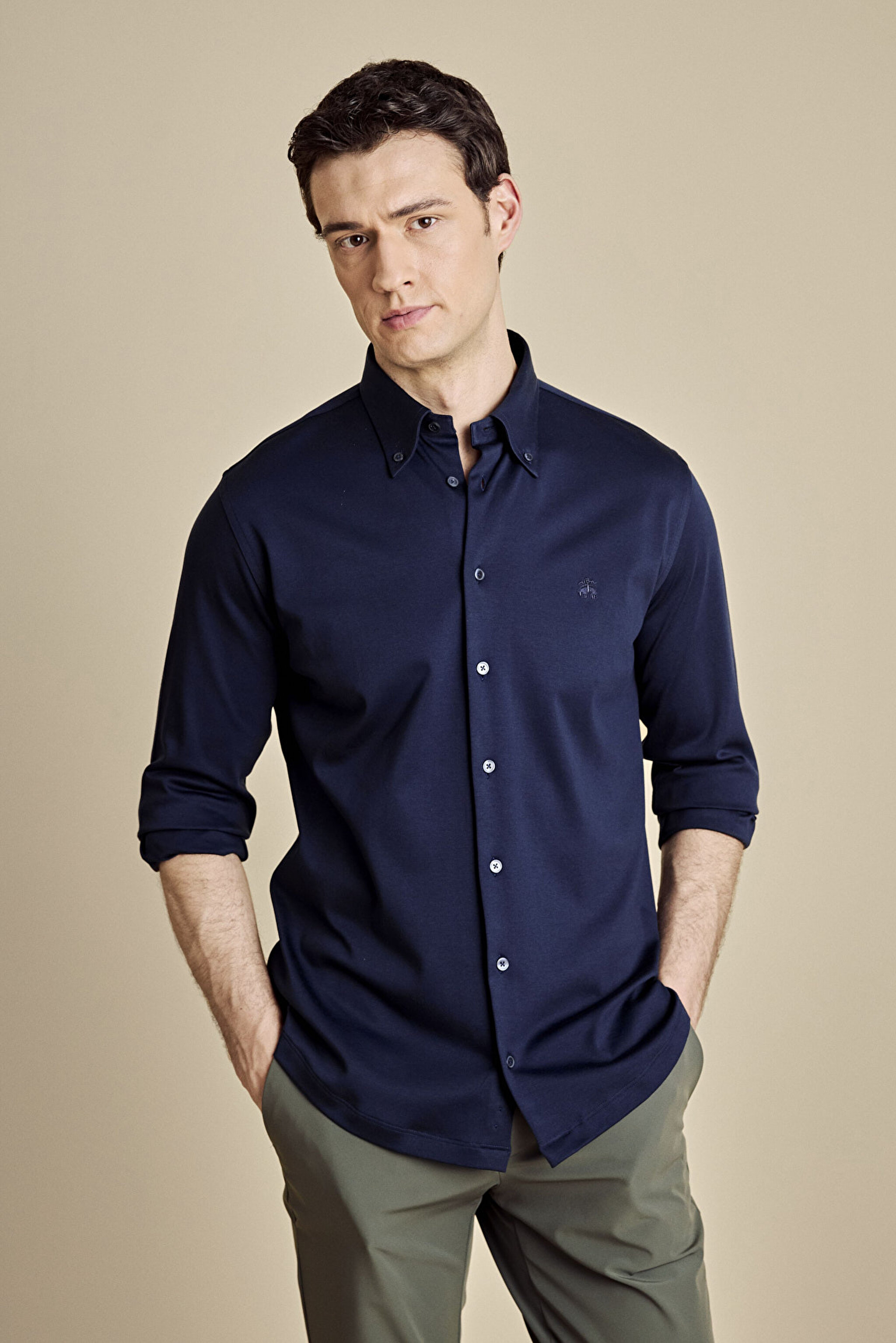 %100 Pamuk Düğmeli Yaka Slim Fit  Örme Gömlek - Lacivert