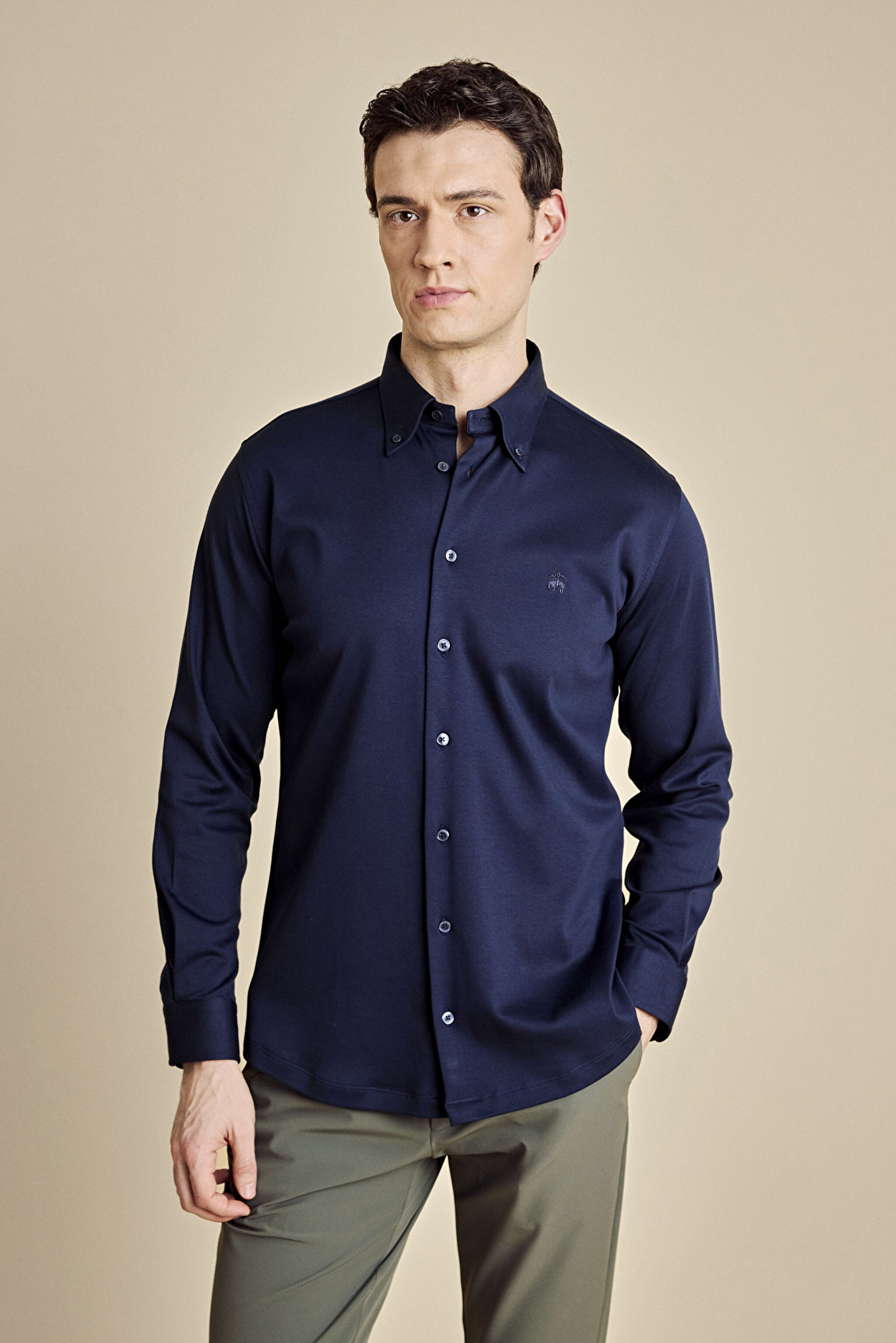 %100 Pamuk Düğmeli Yaka Slim Fit  Örme Gömlek - Lacivert (görsel 3)