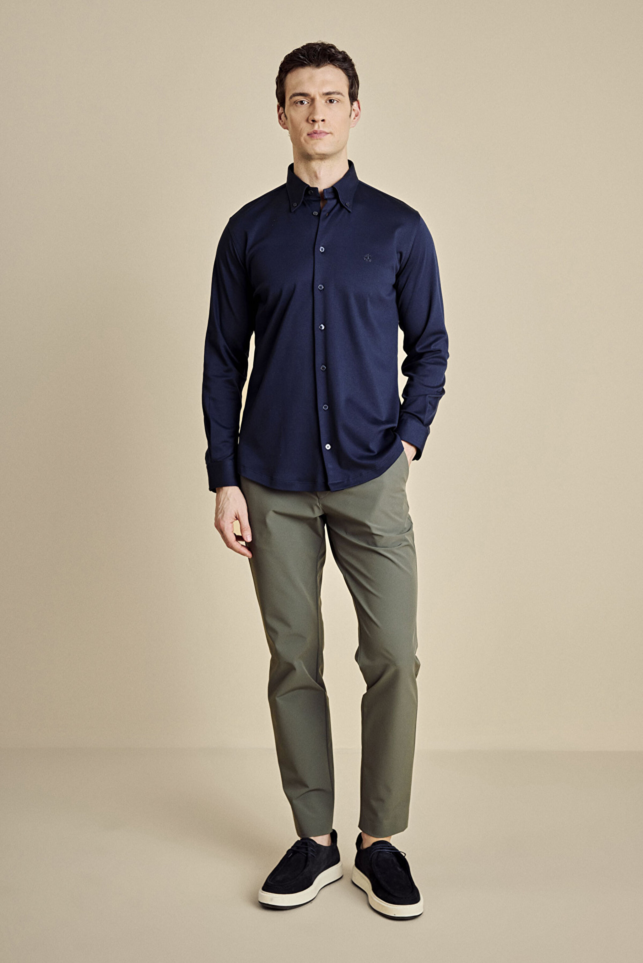 %100 Pamuk Düğmeli Yaka Slim Fit  Örme Gömlek - Lacivert (görsel 4)