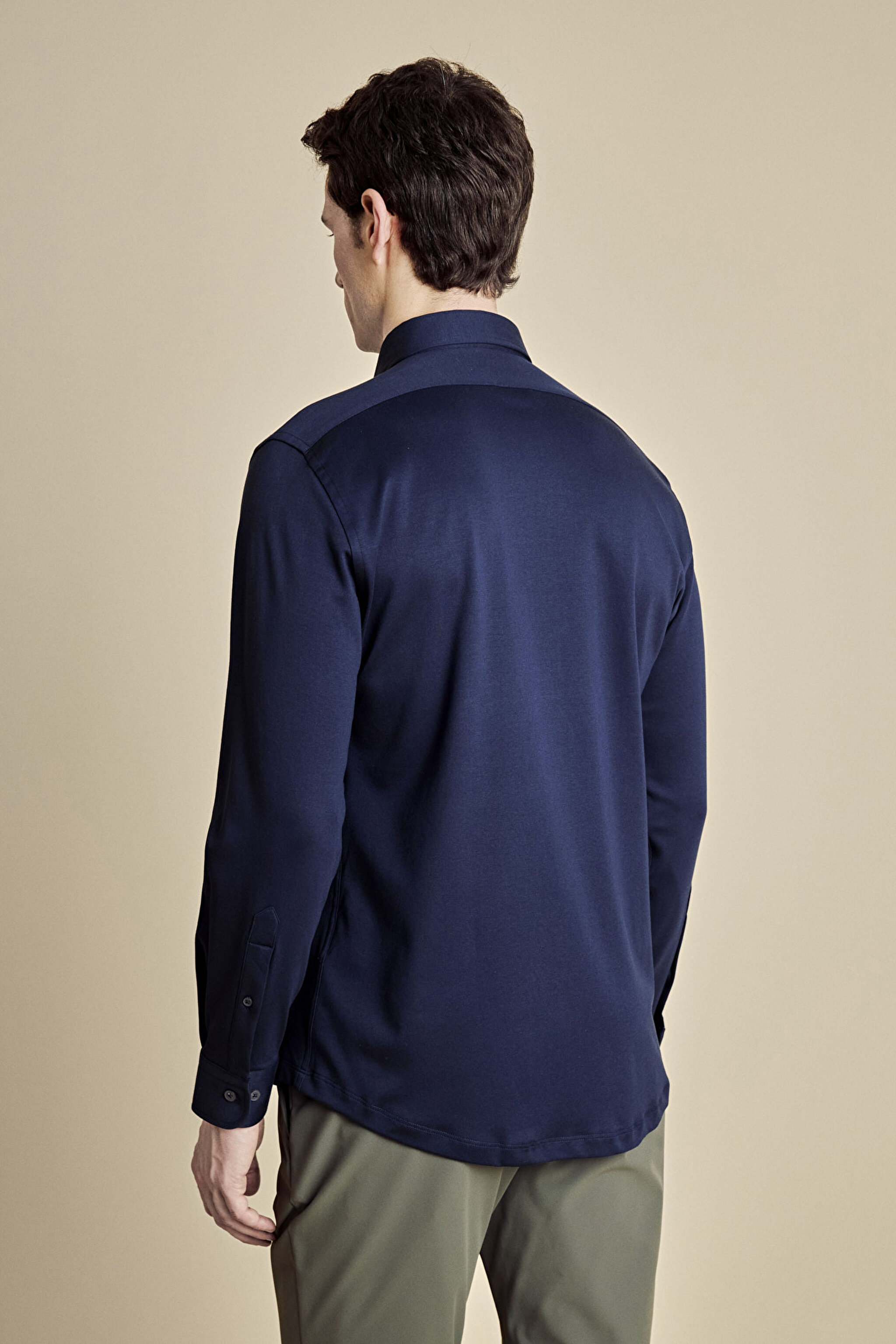 %100 Pamuk Düğmeli Yaka Slim Fit  Örme Gömlek - Lacivert (görsel 6)
