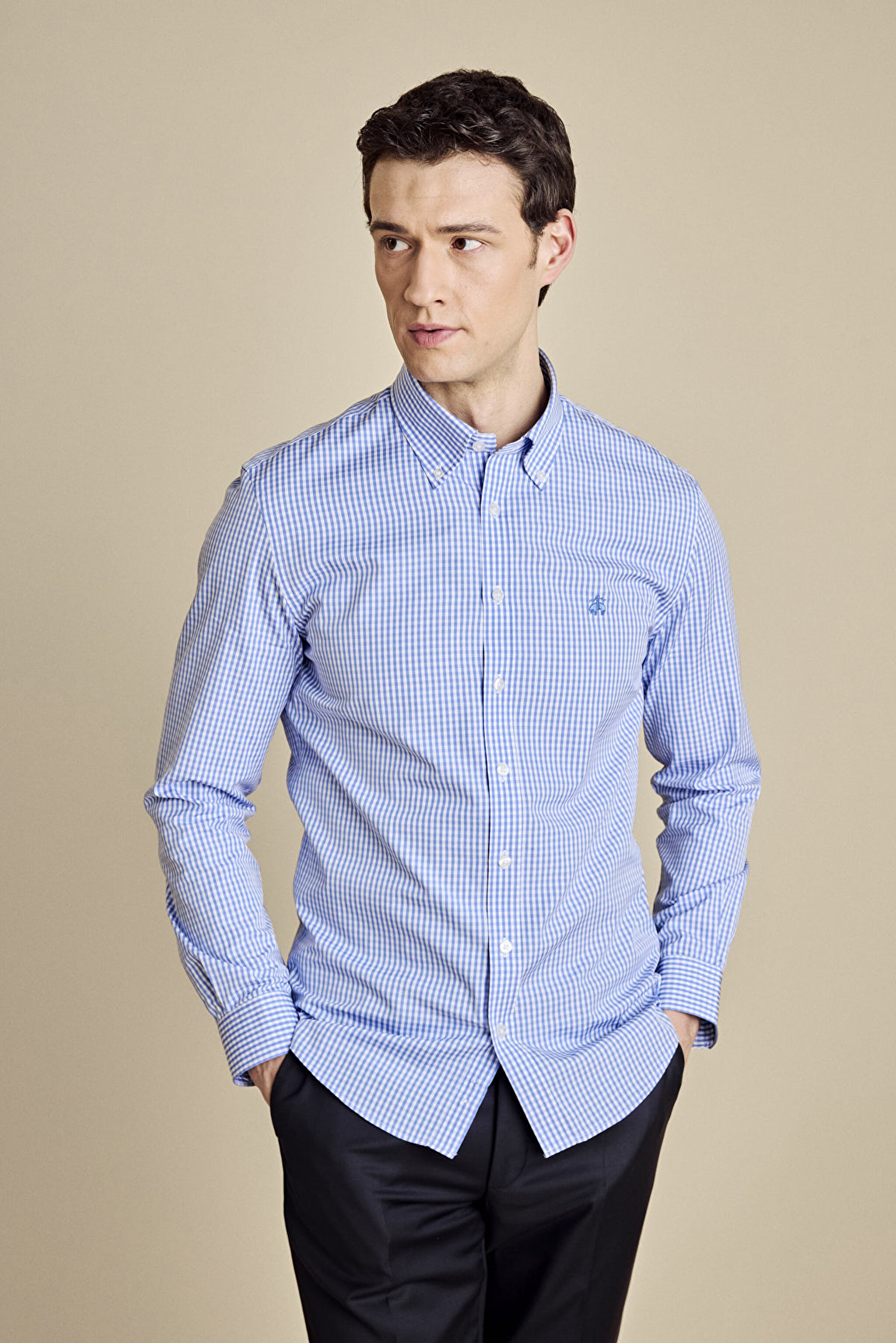 %100 Pamuk Düğmeli Yaka Slim Fit Pötikareli  Gömlek - Mavi-Beyaz