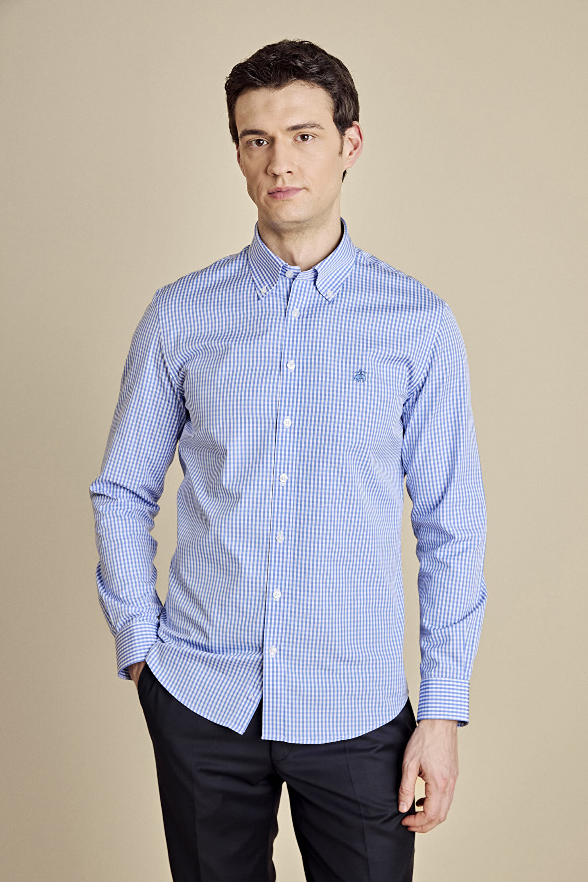 %100 Pamuk Düğmeli Yaka Slim Fit Pötikareli  Gömlek - Mavi-Beyaz (görsel 2)
