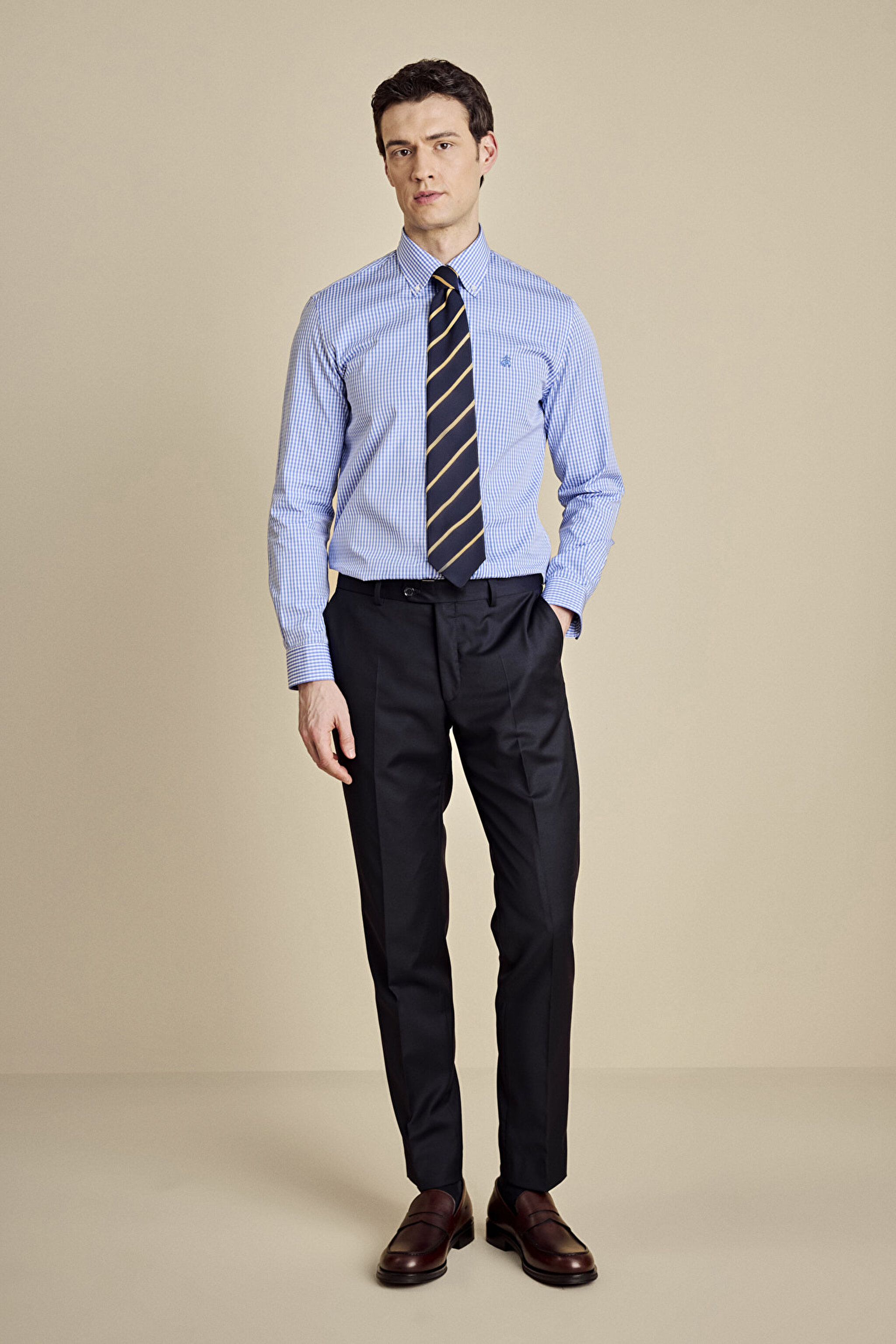 %100 Pamuk Düğmeli Yaka Slim Fit Pötikareli  Gömlek - Mavi-Beyaz (görsel 3)