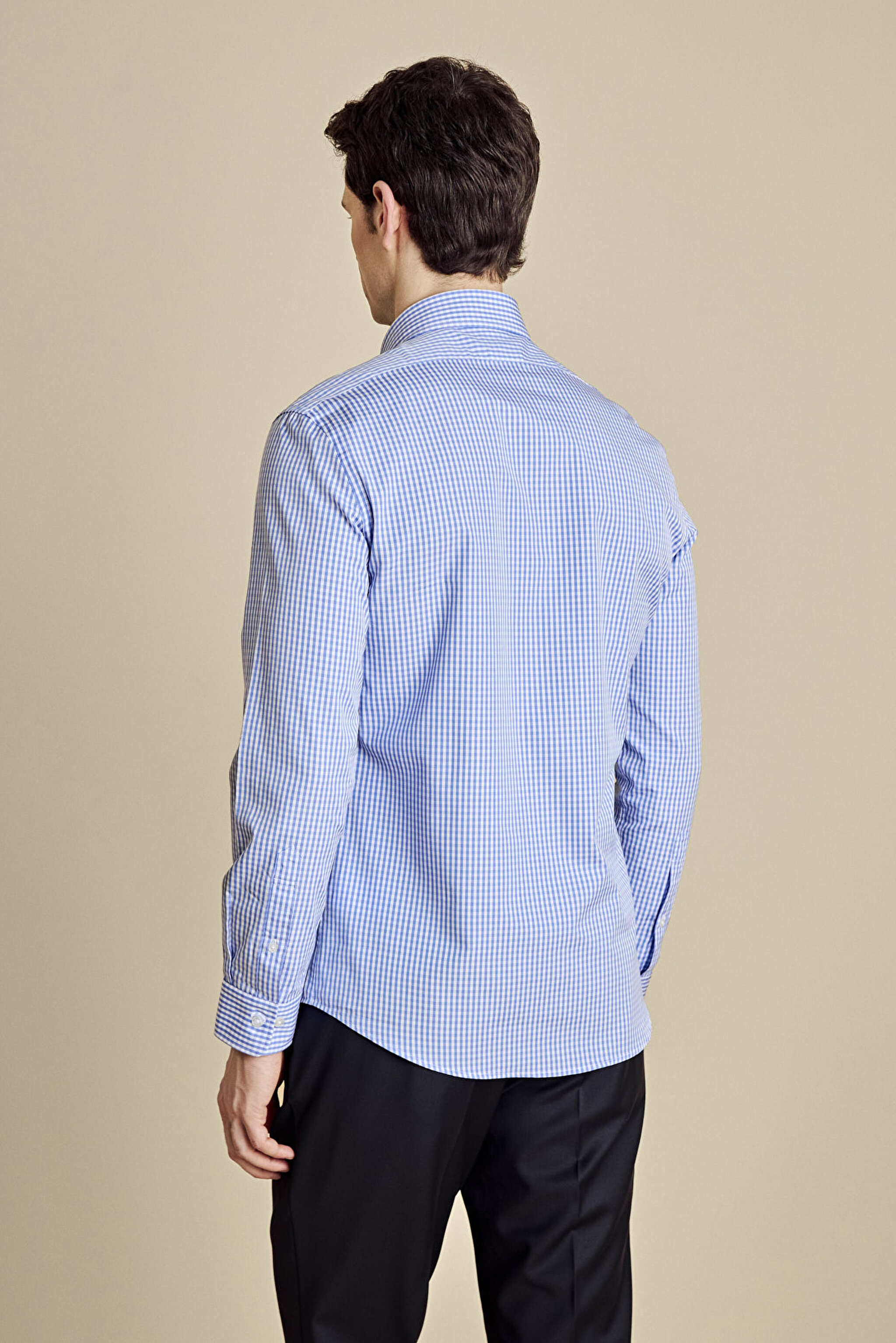 %100 Pamuk Düğmeli Yaka Slim Fit Pötikareli  Gömlek - Mavi-Beyaz (görsel 5)