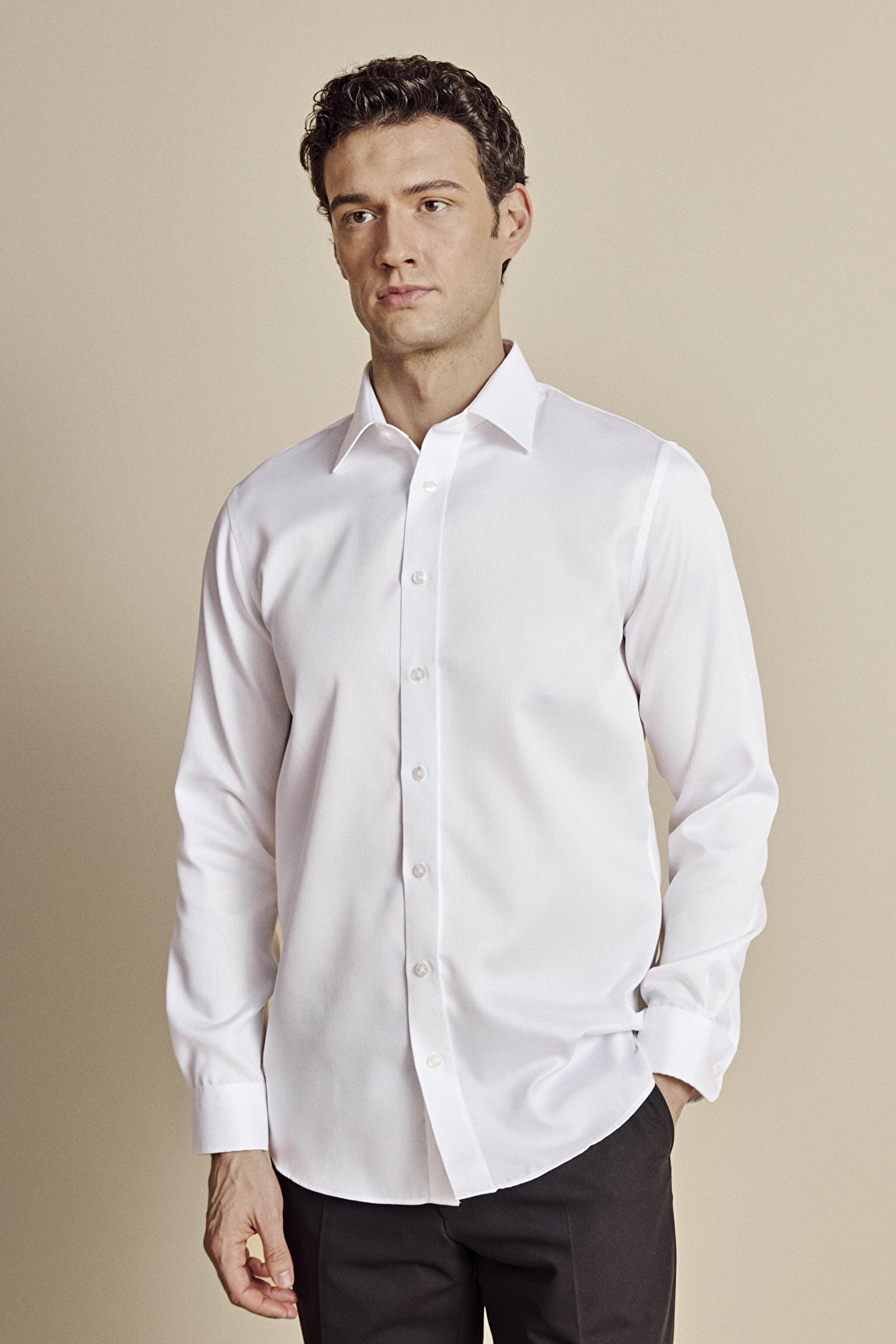 Klasik Yaka Slim Fit Armürlü Non Iron Gömlek - Beyaz (görsel 2)