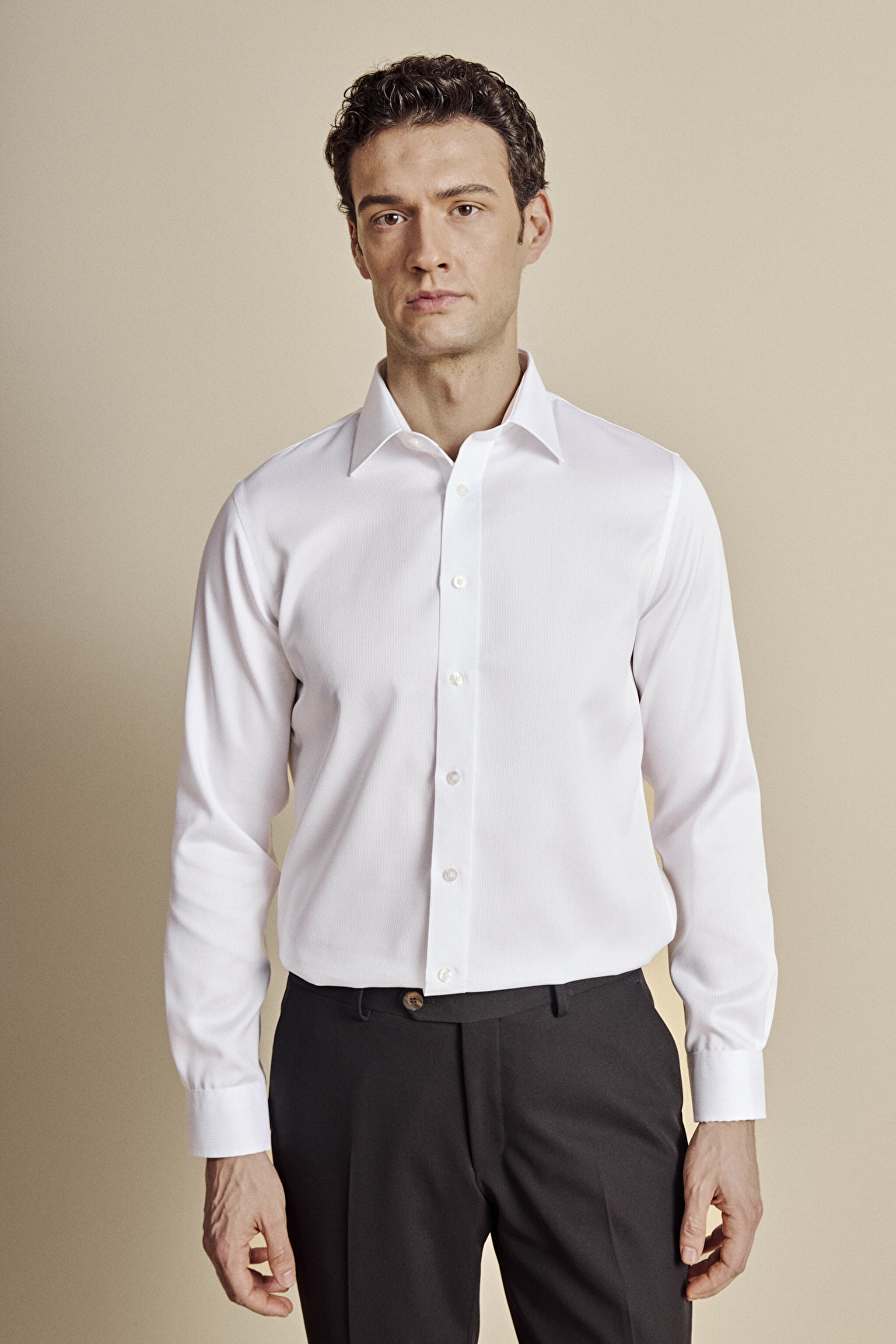 Klasik Yaka Slim Fit Armürlü Non Iron Gömlek - Beyaz (görsel 4)