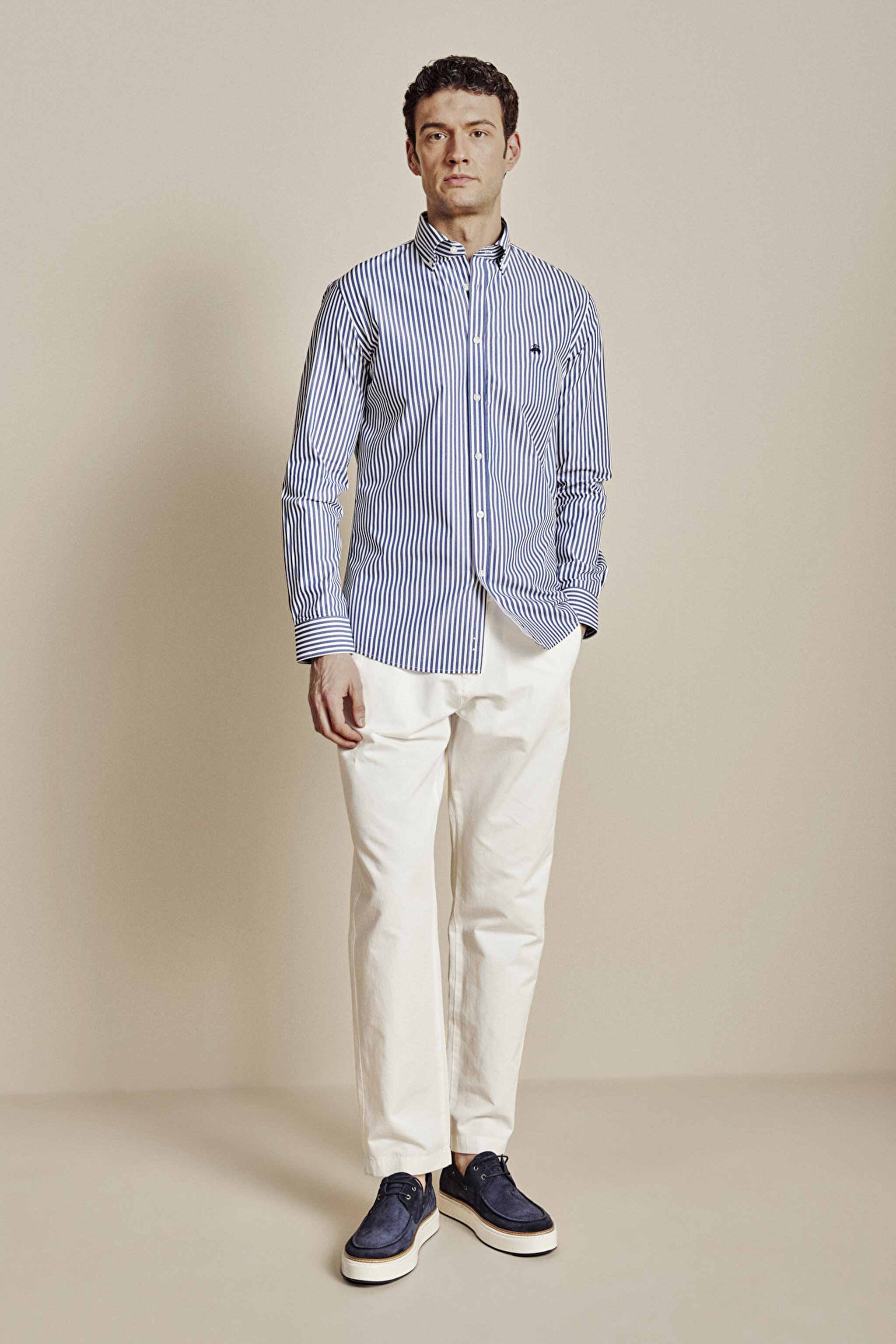 Düğmeli Yaka Slim Fit  Çizgili Gömlek - Lacivert-Beyaz (görsel 3)