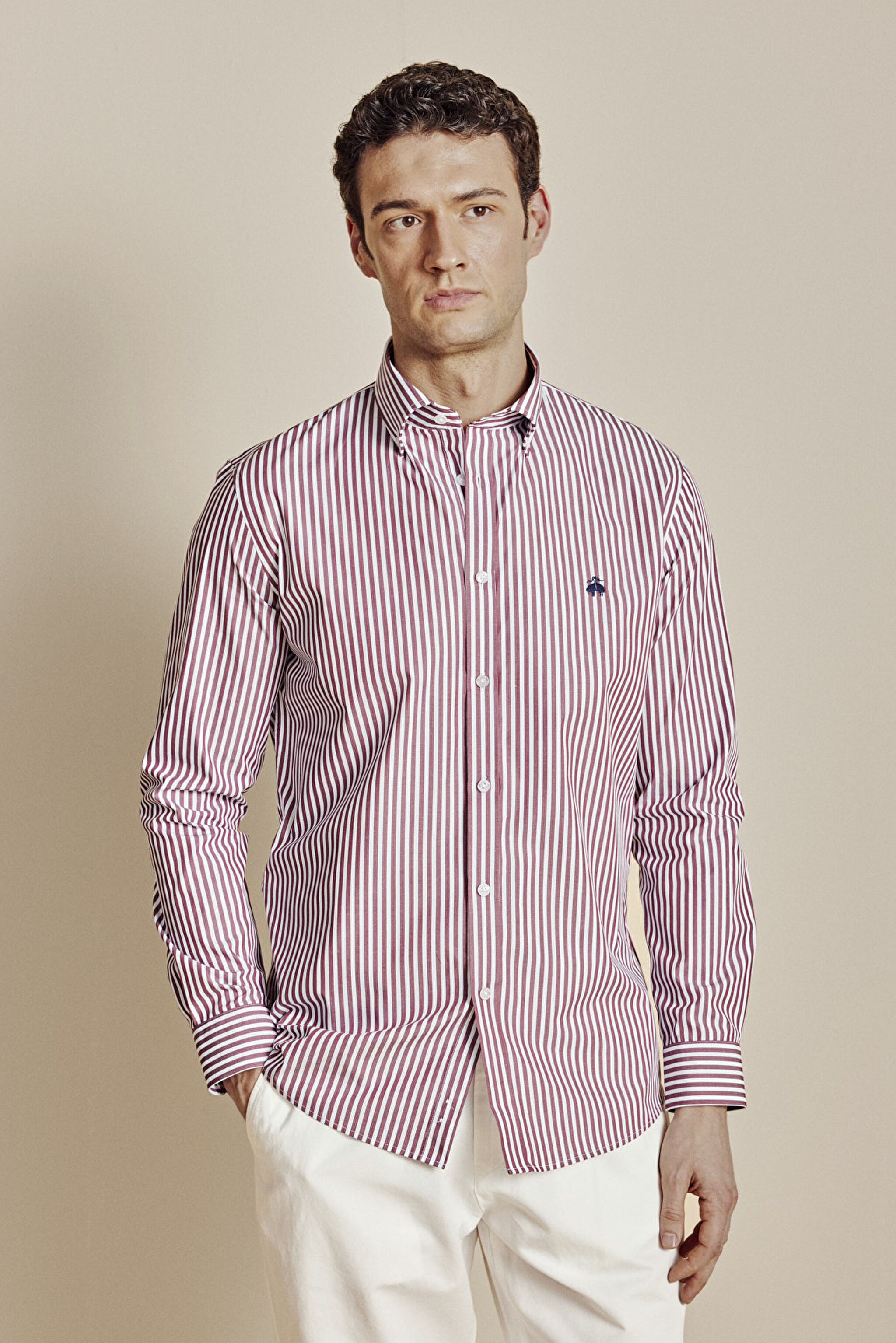 Düğmeli Yaka Slim Fit  Çizgili Gömlek - Bordo-Beyaz (görsel 2)