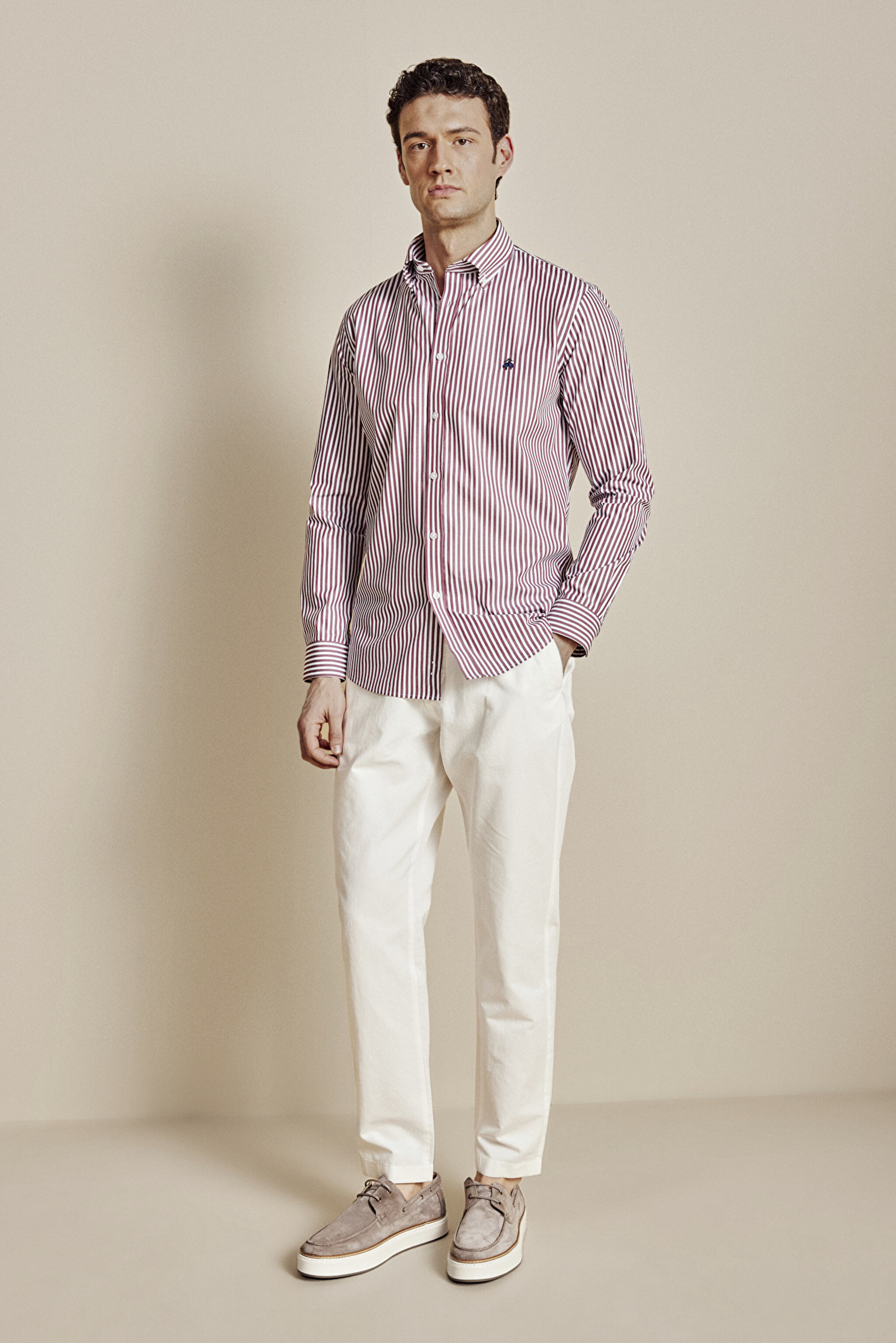 Düğmeli Yaka Slim Fit  Çizgili Gömlek - Bordo-Beyaz (görsel 4)