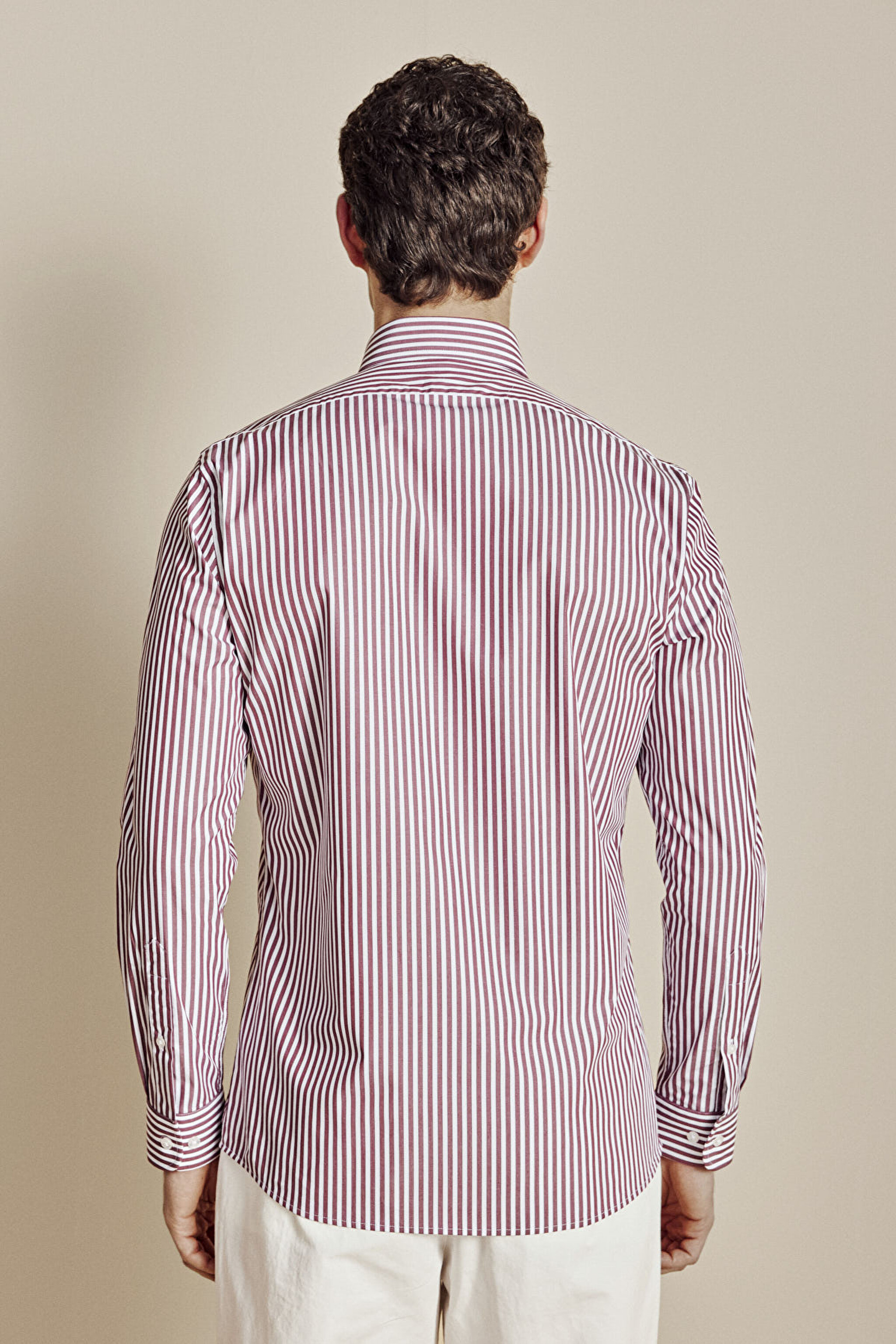 Düğmeli Yaka Slim Fit  Çizgili Gömlek - Bordo-Beyaz (görsel 6)