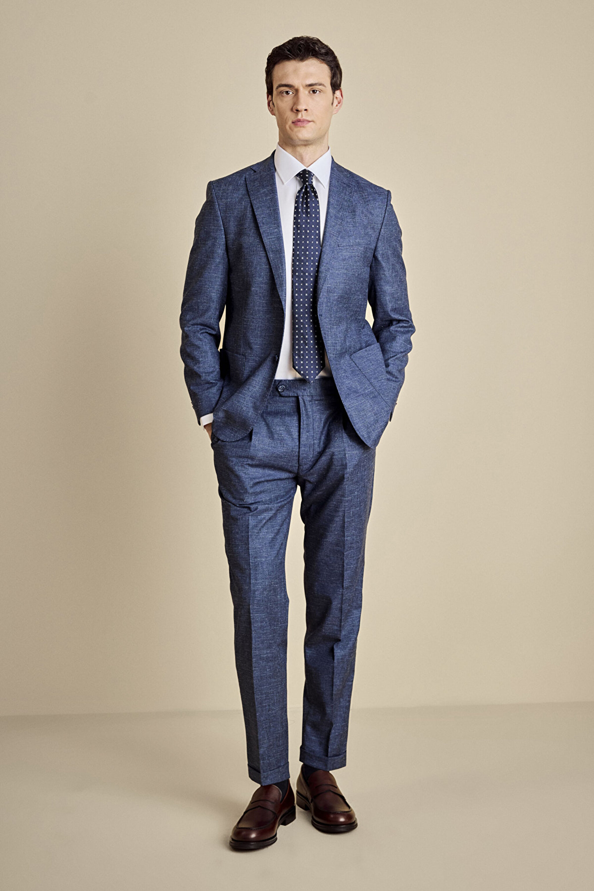 Yün- Keten Karışımlı  Mono Yaka Torba Cep Slim Fit Takım Elbise - Lacivert