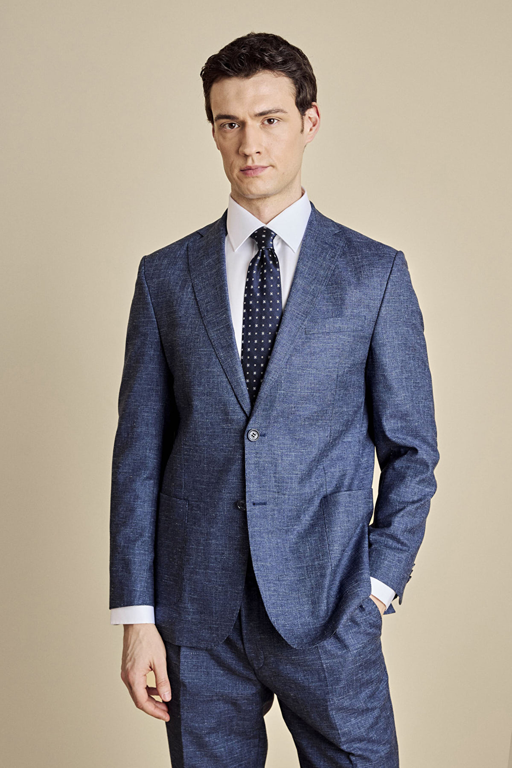 Yün- Keten Karışımlı  Mono Yaka Torba Cep Slim Fit Takım Elbise - Lacivert (görsel 3)