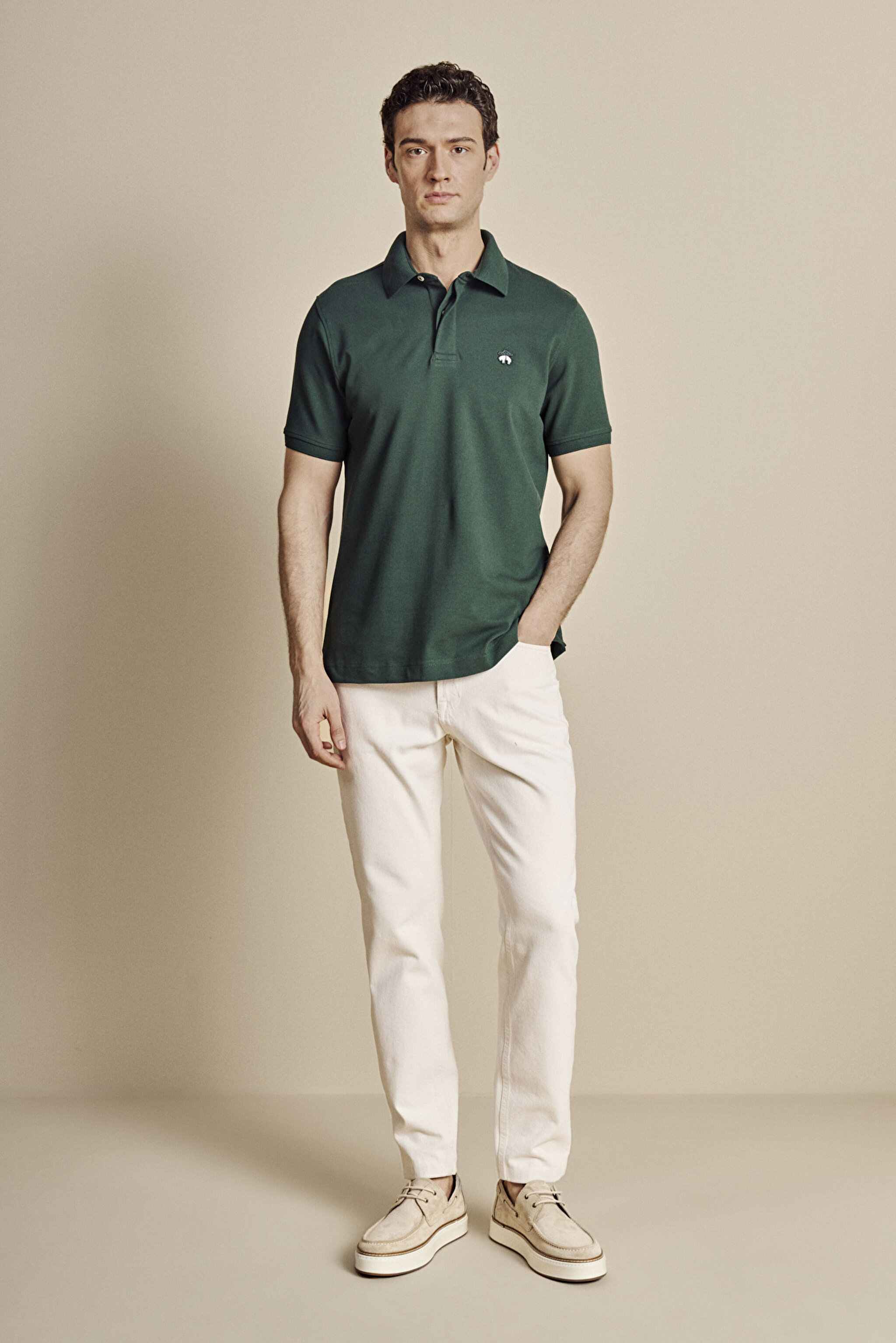 Pamuk Karışımlı Polo Yaka Likralı Pike T-shirt - Koyu Yeşil (görsel 3)
