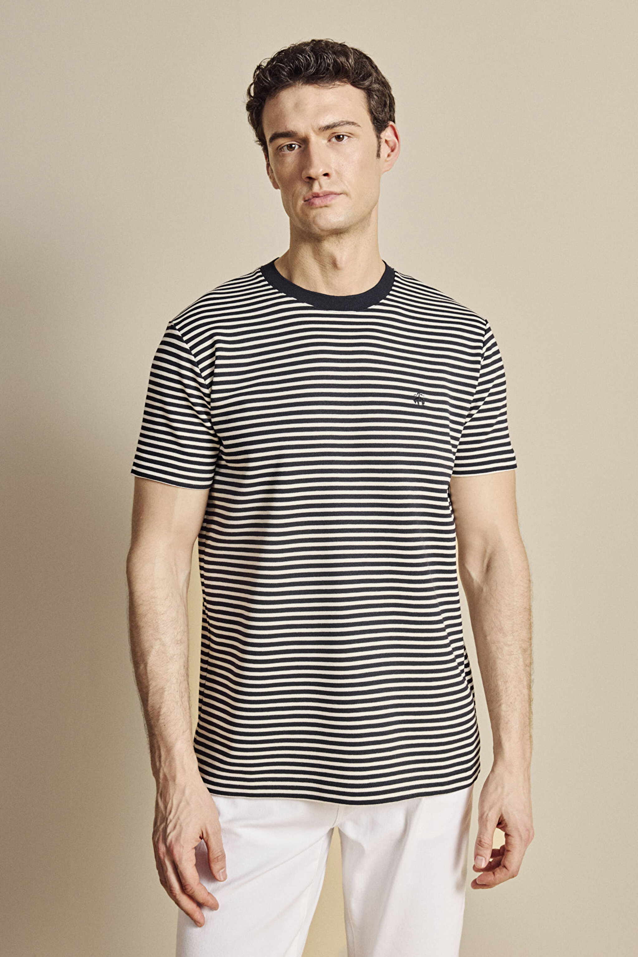 Bisiklet Yaka Çizgili Fashion T-shirt - Lacivert-Beyaz