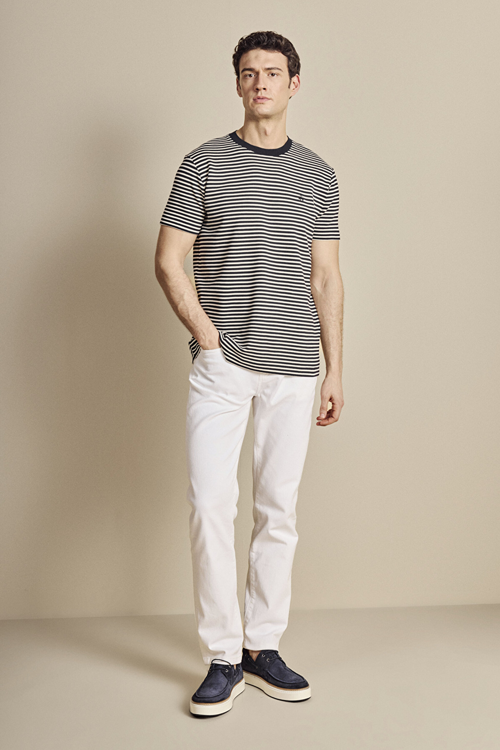 Bisiklet Yaka Çizgili Fashion T-shirt - Lacivert-Beyaz (görsel 3)