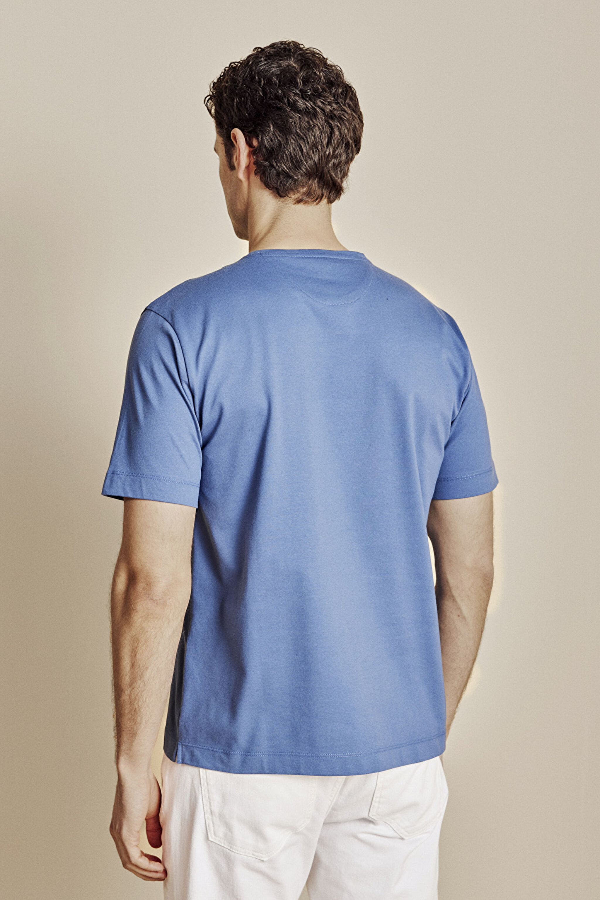 Pamuk Karışımlı Bisiklet Yaka Likra Pike Tshirt - Indigo (görsel 5)