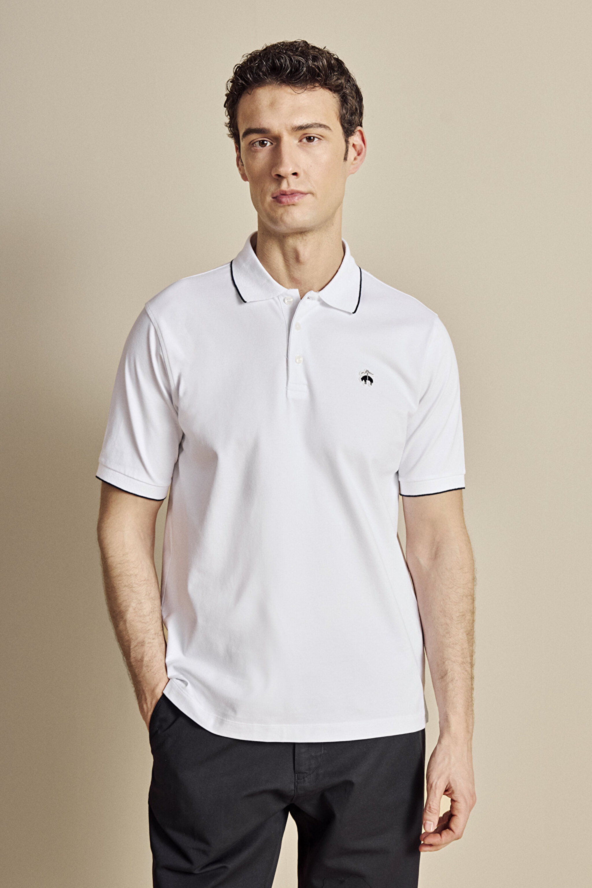 Pamuk Karışımlı Polo Yaka Düğmeli Yakası Çizgili Tshirt - Beyaz
