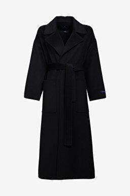 Ceket Yaka Oversize Cepli Yün Kaban - Siyah (görsel 8)
