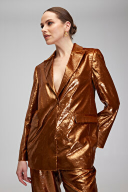 Oversize Fit Klasik Yaka Cepli Kadife Ceket - Bronz (görsel 2)
