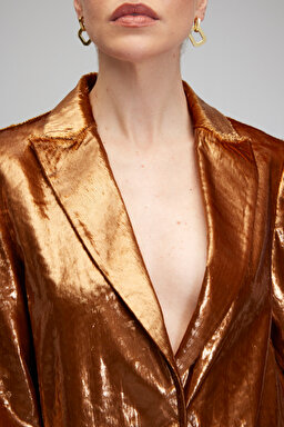 Oversize Fit Klasik Yaka Cepli Kadife Ceket - Bronz (görsel 4)
