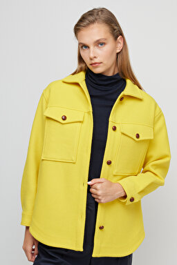 Yünlü Oversize Fit Gömlek Yaka Cepli Mont - Sarı