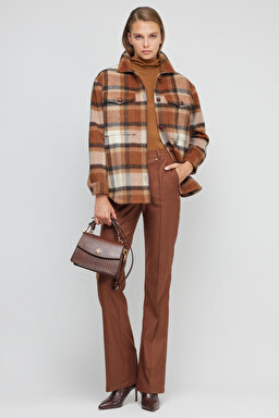 Yünlü Oversize Fit Gömlek Yaka Mont - Kahverengi-Bej (görsel 2)