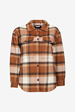 Yünlü Oversize Fit Gömlek Yaka Mont - Kahverengi-Bej (görsel 6)