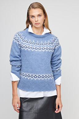 Standart Fit Normal Kesim Bisiklet Yaka Yünlü Desenli Triko Kazak - Mavi
