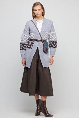 Şal Yaka Standart Fit Desenli Cepli Yün Karışımlı Triko Hırka - Gri (görsel 2)