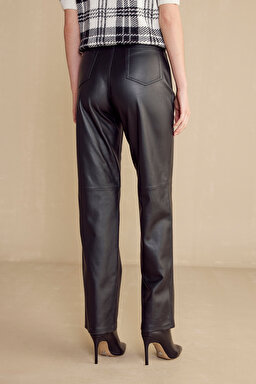 %100 Deri Boot Cut Yüksek Bel Pantolon - Siyah (görsel 5)