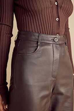 %100 Deri Boot Cut Yüksek Bel Pantolon - Koyu Kahverengi (görsel 9)