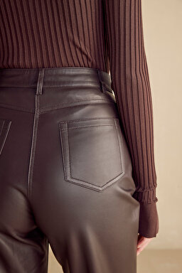 %100 Deri Boot Cut Yüksek Bel Pantolon - Koyu Kahverengi (görsel 14)