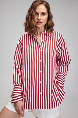 Klasik Yaka Oversize Fit Rahat Kesim %100 Pamuk Çizgili Gömlek - Kırmızı-Beyaz (görsel 5)