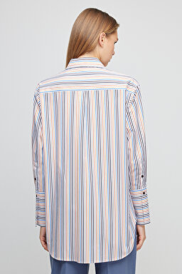 Klasik Yaka Oversize Fit Rahat Kesim %100 Pamuk Çizgili Gömlek - Çok Renkli (görsel 3)