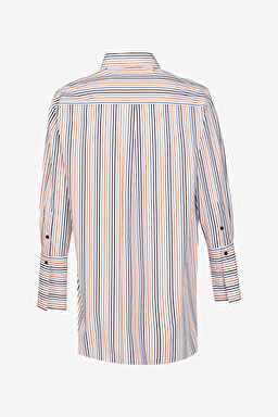 Klasik Yaka Oversize Fit Rahat Kesim %100 Pamuk Çizgili Gömlek - Çok Renkli (görsel 6)