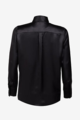 Regular Fit Geniş Kesim Kurdela Yaka İpek Gömlek - Siyah (görsel 2)